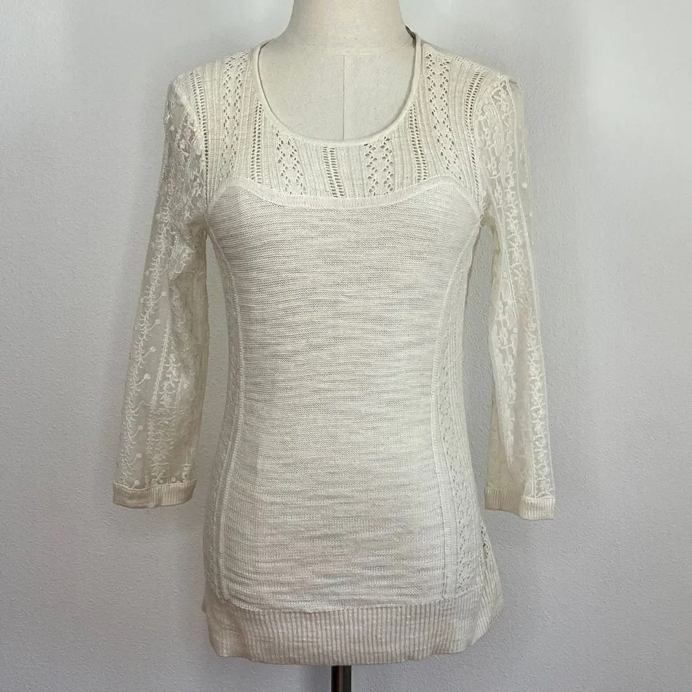 Knitted & Knotted Anthropologie Cream Sweater with Lace Sleeves and Open Knit Si